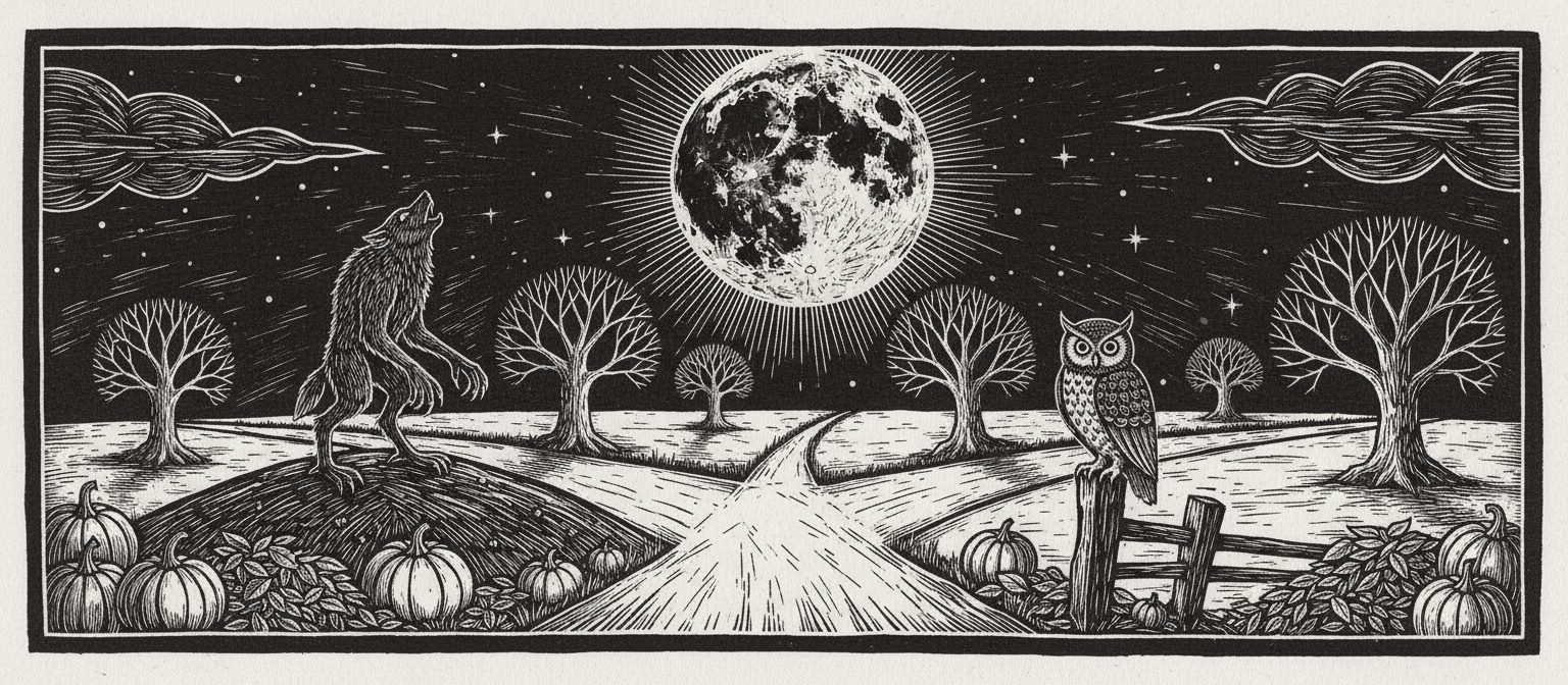 A wolf howling at the full moon at a crossroads, pumpkins in the grass and an owl on the fence