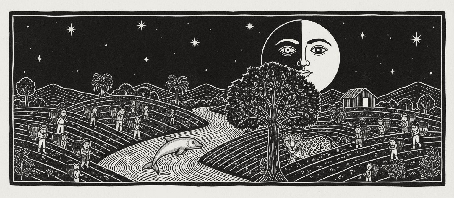 A half-lit moon over coffee terraces: pickers with baskets, a river dolphin leaping, a jaguar under the tree