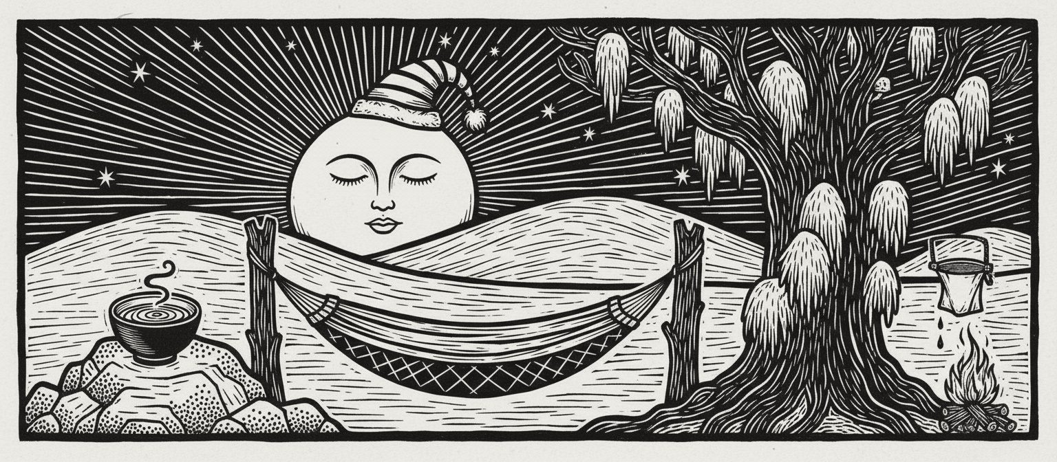 A sleeping moon behind a hammock, a tree hung with mushrooms, a steaming bowl and a small fire