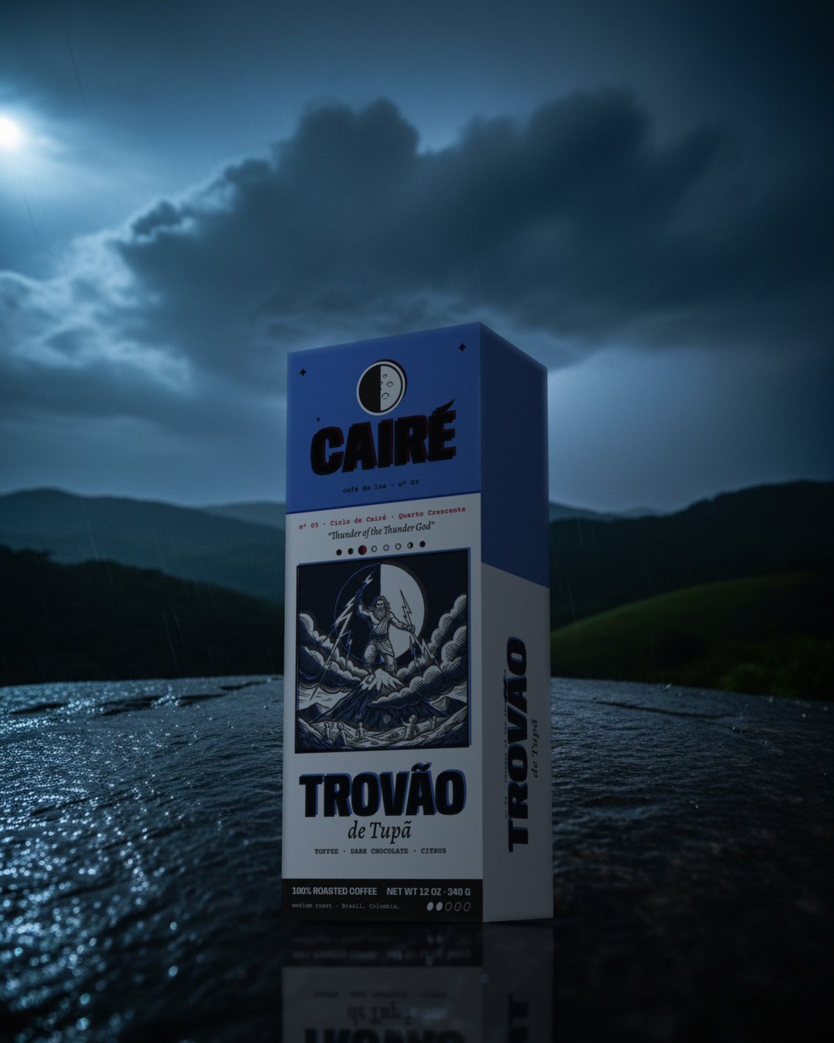 Trovão de Tupã box at night, on wet rock in the hills, under storm clouds