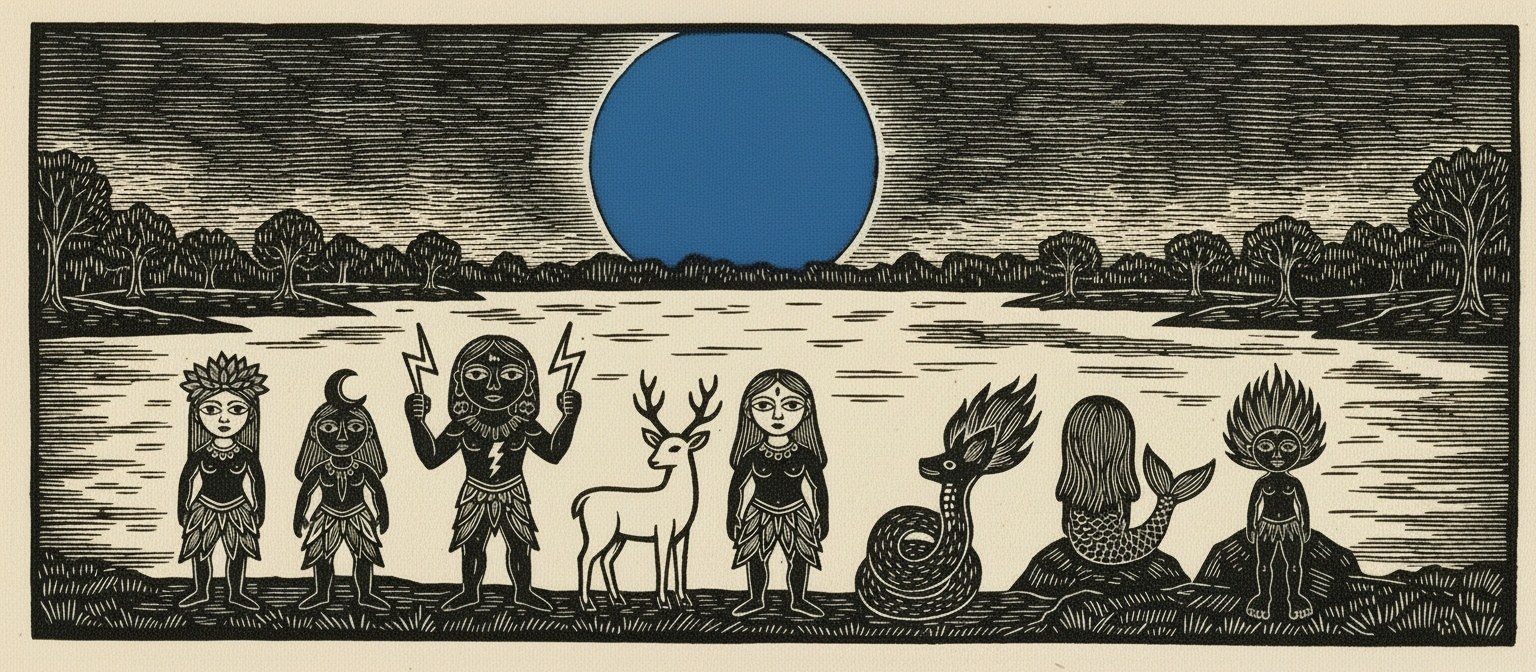 The Lua Azul woodcut: the eight gods on the riverbank under a blue moon